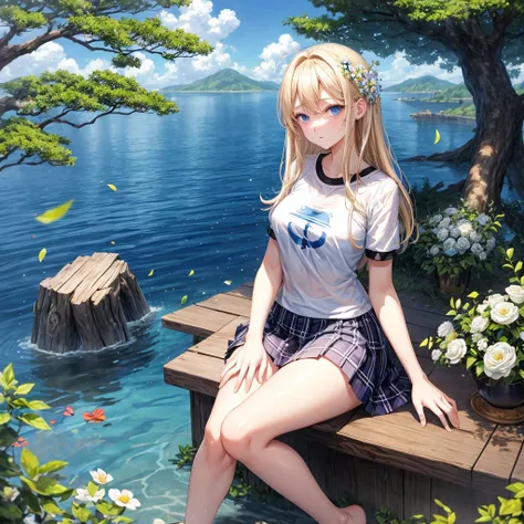 a blond、blue eyess、one good looking girl、animesque、lightly dressed、Plaid miniskirt、flower petals、bare-legged、wetting hair、Black T-shirt、sitting on、sea of clouds、large tree、large tree、large tree