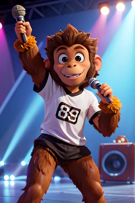 a brown hairy monkey wearing the number 8 shirt, a microphone in his hand