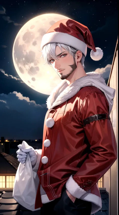 1boy, male focus, moon, solo, hat, santa hat,santa cloth, facial hair, night, full moon, gloves, stubble, sky,white hair,holding sack, night sky, outdoors, christmas, hand in pocket, looking at viewer, rooftop