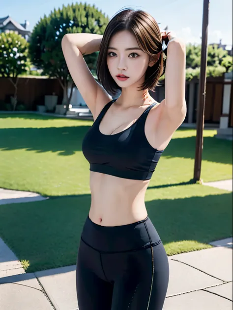 Gymnasium、((top-quality、8K、​masterpiece:1.3))、Tall and beautiful woman、Perfect figure:1.4、Slender Abs、Brown hairstyle、short-haired、Pink Yoga Pants、Powerful Poses、Highly detailed facial and skin texture、A detailed eye、Small Sports Bra、squatt、full body Esbia...