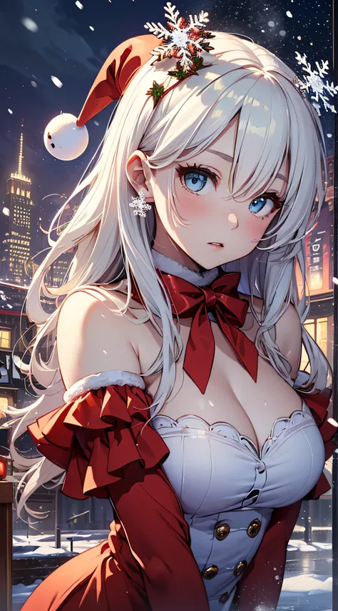 top-quality、Top image quality、​masterpiece、teens girl((Red Santa Costume、sixteen years old、teen ager、Best Bust、big bast,Beautiful light blue eyes、Breasts wide open, a blond、A slender,Large valleys、dye ones cheeks red、Leaning forward、White breath、Reflecting...