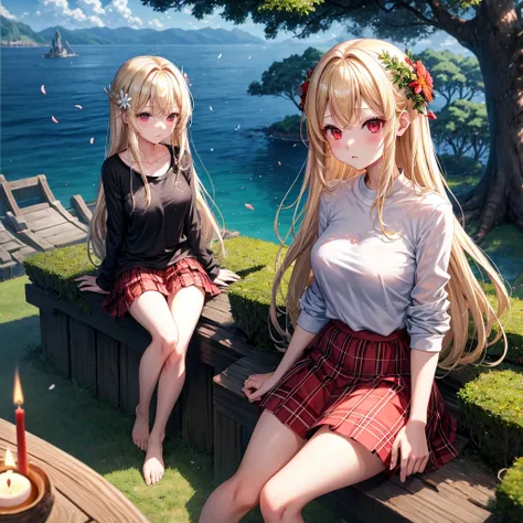 a blond、red eyes、one good looking girl、animesque、lightly dressed、Plaid miniskirt、flower petals、bare-legged、wetting hair、Black T-shirt、sitting on、sea of clouds、large tree、large tree、large tree、wakame、candle fire