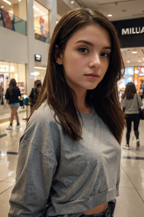 (Mikayla Demaiter) person posing in a mall clothing store, best quality, 1girl, blur background, bokeh, (mall:1.4), ((wearing casual clothes)), gorgeous, , beautiful detailed sky, (dynamic pose:1), soft lighting, wind, ((portrait:1.4)),