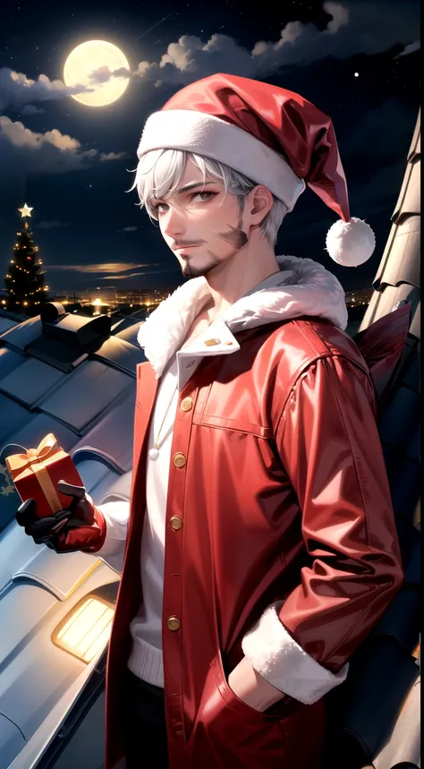 1boy, male focus, moon, solo, hat, santa hat,santa cloth, facial hair, night, full moon, gloves, stubble, sky,white hair,(holding gift bag:1.3), night sky, outdoors, christmas, hand in pocket, looking at viewer, (rooftop:1.4),standing