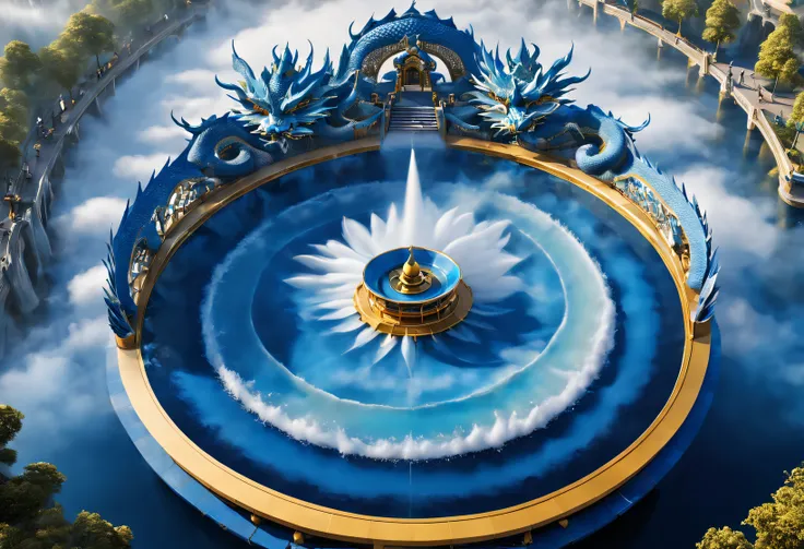 (Very unified cg scene design), (Aerial photography of cloisonné blue and white porcelain theme park circular square), （Water jets erupt from the dragon&#39;s body&#39;of the mouth：0.6），（fog atmosphere）， water column，（lots of people：0.3），Adopt European and...