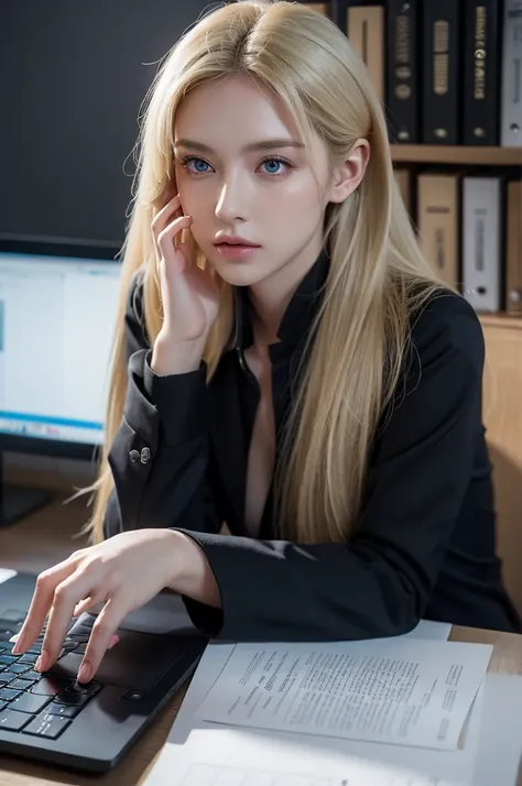 Long slender ears, big breasts, slender figure, slitted blue eyes, blonde hair, semi-long hair up, black shirt, grey suit, desk job at computer, serious expression, claw pose
Ultra realistic, realistic capture, high detail, high resolution 16K human skin c...