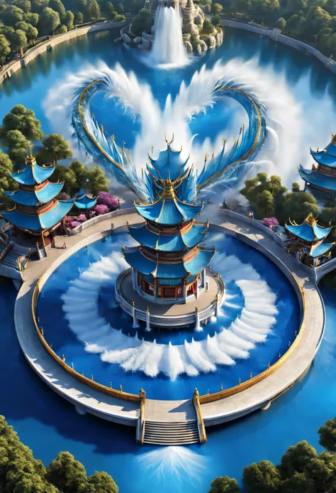 (Very unified cg scene design), (Aerial photography of cloisonné blue and white porcelain theme park circular square), （Water jets erupt from the dragon&#39;s body&#39;of the mouth：0.6），（water spray）， (water column），（lots of people），Adopt European and Amer...