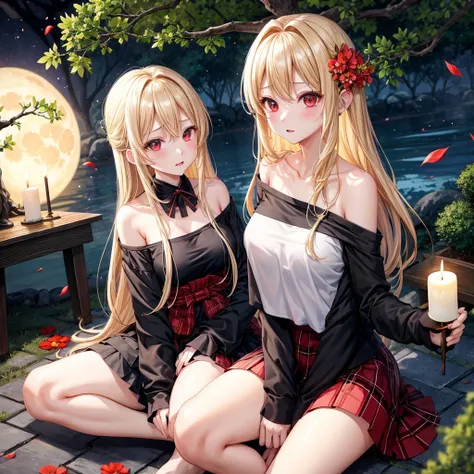 a blond、red eyes、one good looking girl、animesque、lightly dressed、Plaid miniskirt、flower petals、bare-legged、wetting hair、Black T-shirt、sitting on、fullmoon、large tree、large tree、large tree、wakame、candle fire