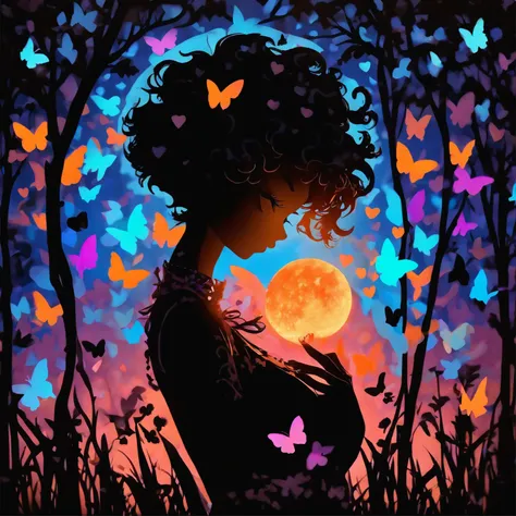 (Silhouette Art,cutouts:1.6)
(((Paper cutting art,A world where only night exists:1.3), holding a heart, solo, colorful backlighting 

(Cowboy Shot),1 girl,Solo,
Black girl, Clear and beautiful detailed face,15 Nights, butterflies 

break
(Silvery Moon)
Gr...