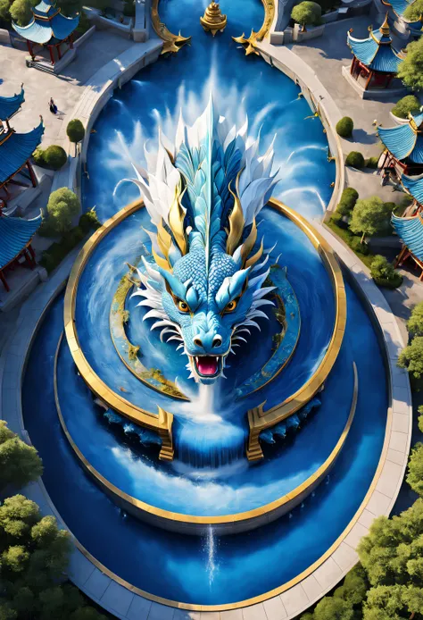 (Very unified cg scene design), (Aerial photography of cloisonné blue and white porcelain theme park circular square), （Water jets erupt from the dragon&#39;s body&#39;of the mouth：0.6），（water spray）， (water column），（lots of people），Adopt European and Amer...