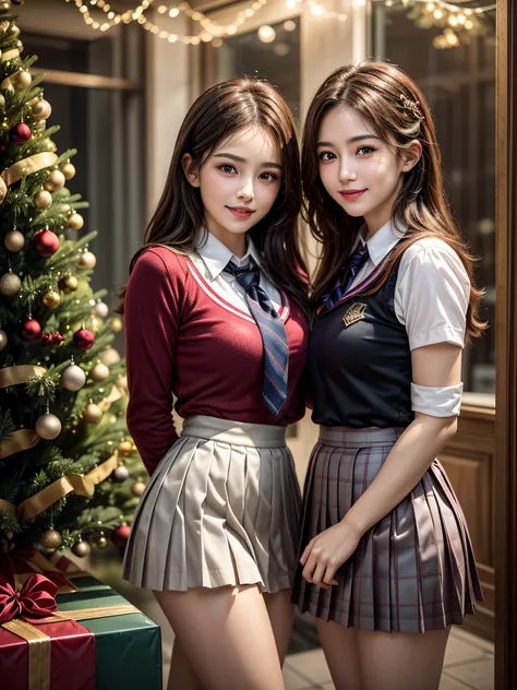 (2girls:1.3), Extremely cute, Amazing face and eyes, (Beautiful lovely smile), (extremely detailed beautiful face), bright and shiny lips, (School uniform, Pleated skirt:1.3), (Best Quality:1.4), (hyper quality), (Ultra-detailed), (Hyper-realistic, Photore...