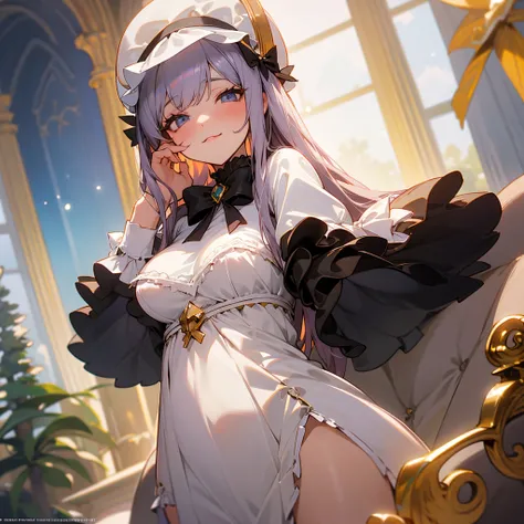 Vêtements de dentelle sexy cosplay père Noël bonnet de nain , couché, épaules nues, fesses nues, seins nues, cheveux blonds, taches de rousseur, lit, chapeau,  hentai yuri girl