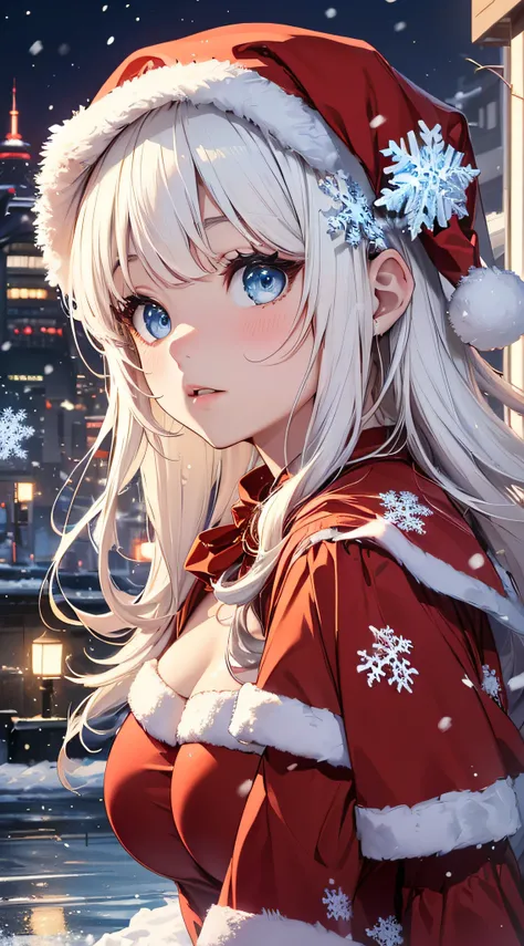 top-quality、Top image quality、​masterpiece、teens girl((Red Santa Costume、sixteen years old、teen ager、Best Bust、big bast,Beautiful light blue eyes、Breasts wide open, a blond、A slender,Large valleys、dye ones cheeks red、Leaning forward、White breath、Reflecting...