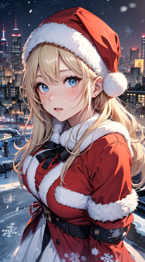 top-quality、Top image quality、​masterpiece、teens girl((Red Santa Costume、sixteen years old、teen ager、Best Bust、big bast,Beautiful light blue eyes、Breasts wide open, a blond、A slender,Large valleys、dye ones cheeks red、Leaning forward、White breath、Reflecting...