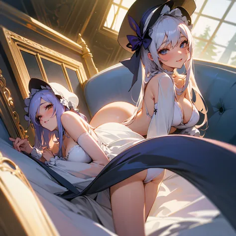 Vêtements de dentelle sexy cosplay père Noël bonnet de nain , couché, épaules nues, fesses nues, seins nues, cheveux blonds, taches de rousseur, lit, chapeau,  hentai yuri girl