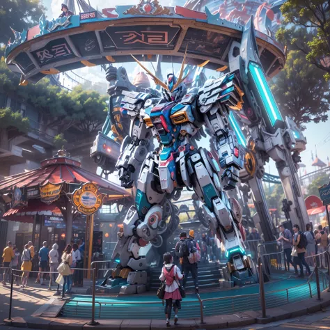 ((Gundam Mecha Science Fiction Theme Park)), (A sci-fi mecha theme park created by Gundam Mecha，sci-fy，With metallic cold texture details，Future mechanical technology，metallic  luster，Icy mechanical line beauty, Sci-fi theme amusement park, roller coasters...