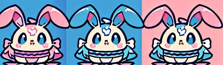 Logo design,(Clear brushstrokes)，Flat style,(blue,Pink theme:1.2),beatiful background,Symmetrical, Patterned,Three rabbits , Rabbit toys,Bow knot,adorable rabbit,Cute big breasts,