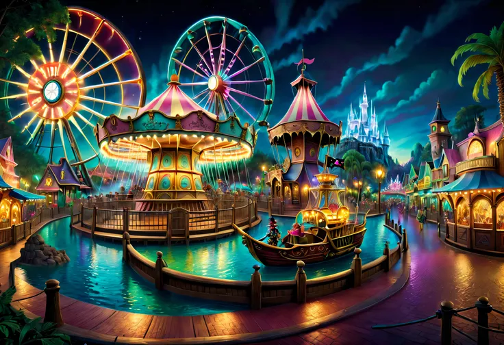 (Best quality at best, 8K, A high resolution, tmasterpiece:1.2), ultra - detailed, (actual, realistically, realistically:1.37), vibrant with colors, magical ambiance, Whimsical, ((disney pirate theme park, pirates of the caribbean，fountain and carousel, Li...