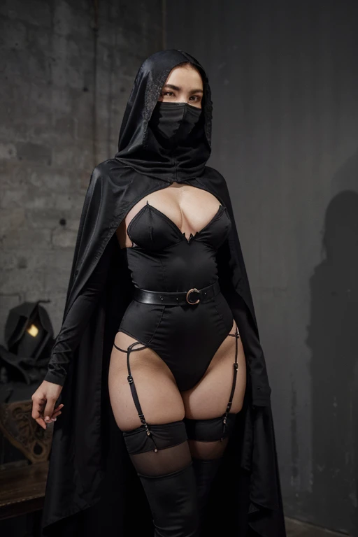 Cape Longa e Fluida: The centerpiece of this outfit is a long, flowing cape, made of silky fabric that moves like dancing shadows. The cape wraps the wearer like a night cloak, adding a touch of mystery to the look.

Bodysuit de Renda Escura: Um bodysuit d...