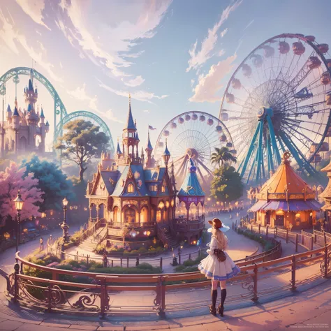 (Best quality, 8K, A high resolution, tmasterpiece:1.2), ultra - detailed, (actual, realistically, realistically:1.37), vivd colour, Magical atmosphere, Whimsical, ((disney pirate theme park, pirates of the caribbean，fountain and carousel, Bustling Pirate ...