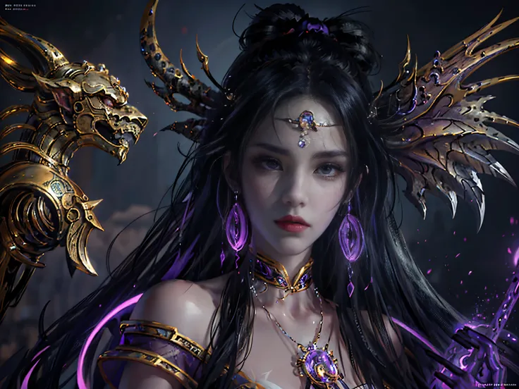 Peerless beauty，A masterpiece，Close-up of a woman dressed in purple and black，shadowbringers cinematic，4 K detail fantasy，beautiful fantasy empress，GameCG，xianxia fantasy，xianxia hero，2。5 D CGI anime fantasy artwork，cinematic goddess close shot，Ruan Jia an...