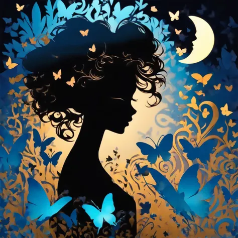 (Silhouette Art,cutouts:1.6)
(((Paper cutting art,A world where only night exists:1.3), heart moon, solo, softly backlit, highlight,intricate masterpiece, 2D digital art 

(Cowboy Shot),1 black girl,Solo, Clear and beautiful detailed face,15 Nights, glowin...