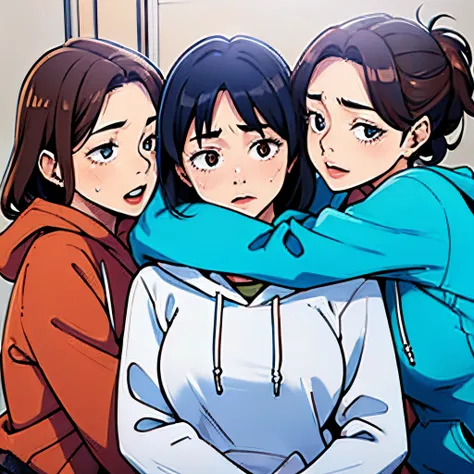 3 girls hugging each other wearing hoodie