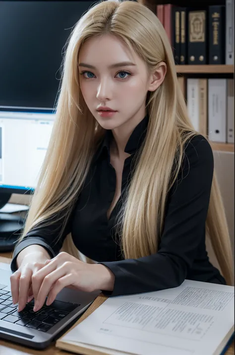 Long slender ears, big breasts, slender figure, slit blue eyes, blonde hair, semi-long hair up, black shirt, grey suit, working at computer desk, serious expression, head top right.
Ultra realistic, realistic capture, high detail, high resolution 16K human...