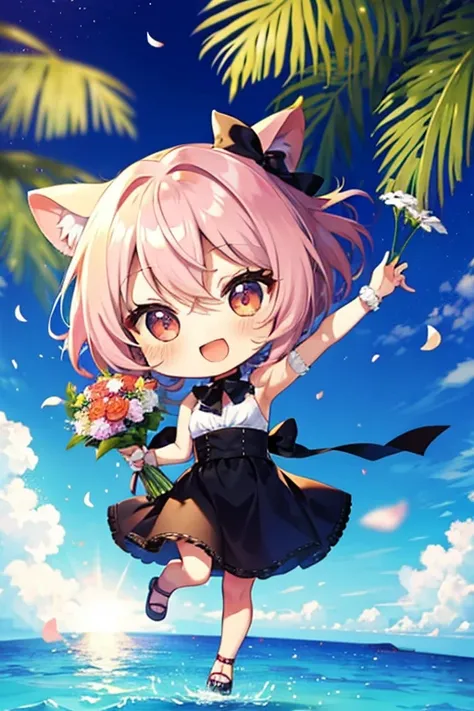 (Chibi: 1.3), happy, (holding a bouquet), full body,