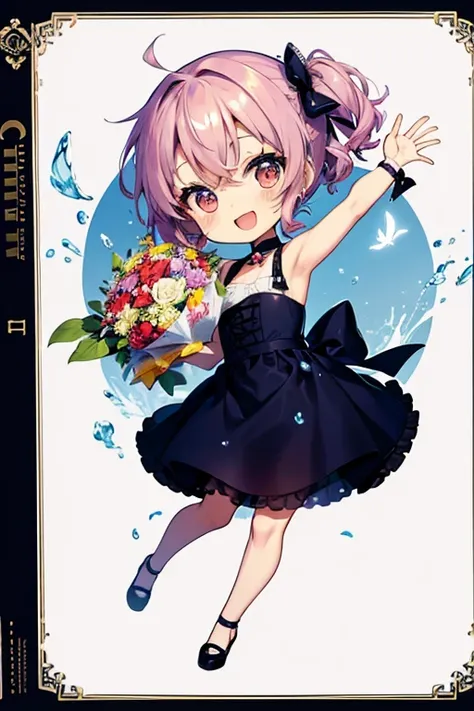 (Chibi: 1.3), happy, (holding a bouquet), full body,