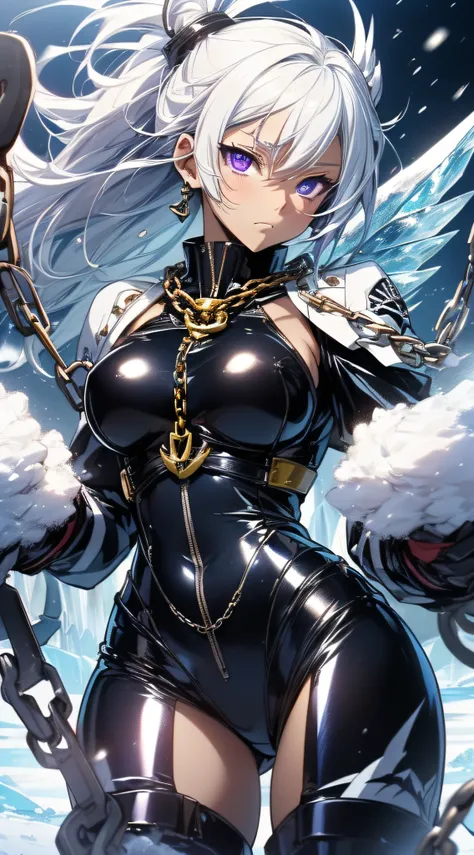 top-quality、Top image quality、​masterpiece、girl with((black shiny mechanic suit、18year old、teen ager、cute little、Best Bust、big bast,Beautiful shining purple eyes、Breasts wide open, white  hair、one white winged,Longhaire、A slender,Large valleys、belligerent ...