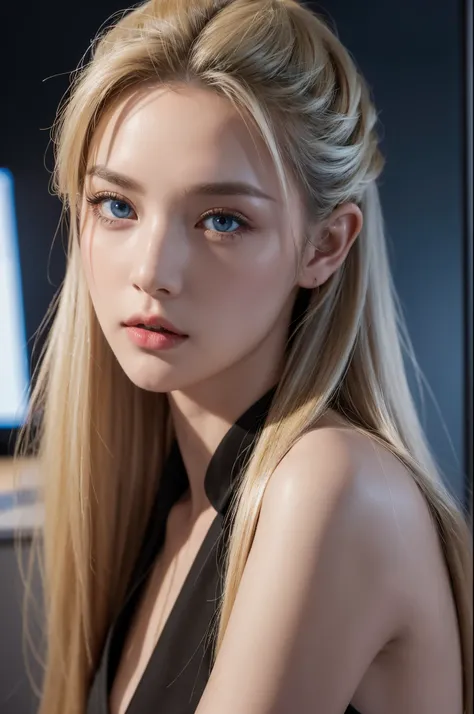 Elongated ears, big breasts, slender figure, slit blue eyes, blonde hair, semi-long hair up, black shirt, grey suit, working at computer desk, serious expression, left hand turned to top left of head,
Ultra realistic, realistic capture, high detail, high r...