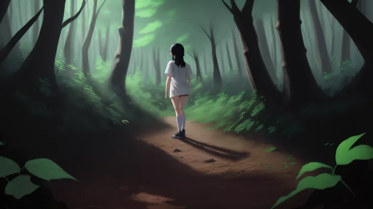 First person point of view. Anime style. A girl with shoulder length black hair. She pulled the first persons hand into the almost dark forest. She was wearing a plain oversized white t-shirt. Her expression was flat.