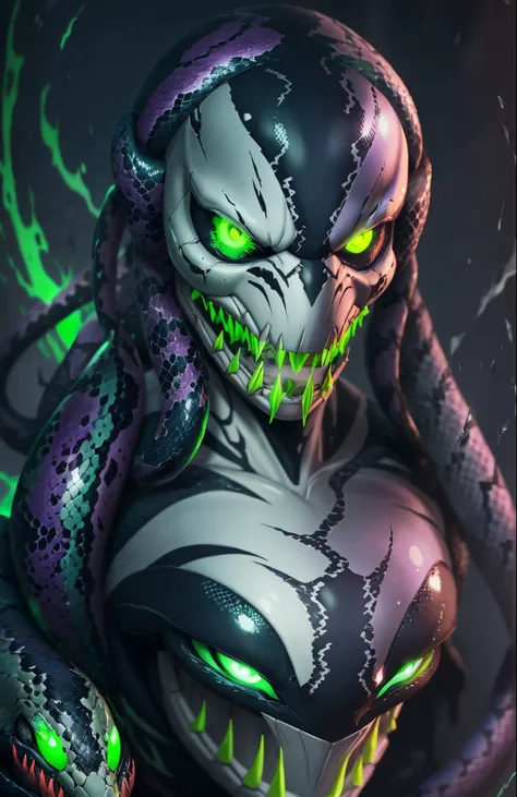 snake glowing green eyes, purple venom, skin on fire --auto --s2