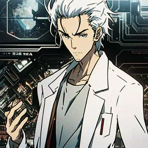 Generate diverse images of Hiroshi Suzuki, a brilliant and eccentric scientist with a personality reminiscent of Rintaro Okabe from Steins;Gate, Calm and collected, engaged in scientific work, white hair, full body with white coat