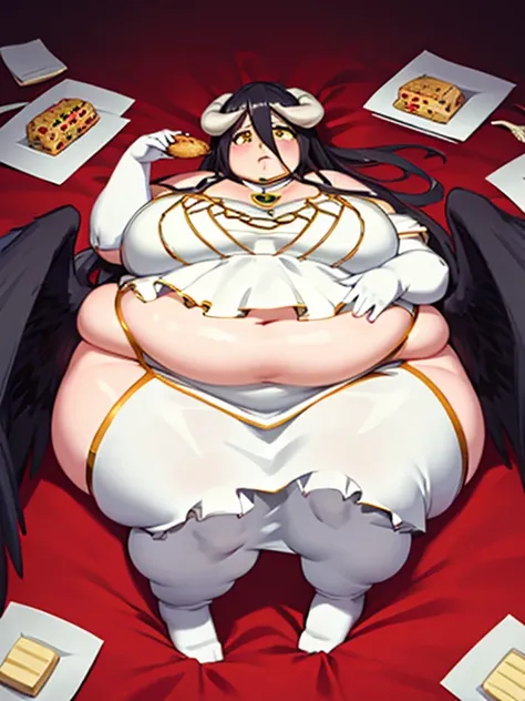 masterpiece, 4K, 1girl, solo, obese albedo (overlord), 
huge fat breasts,,  white_horns, slit pupils, obese body,
demon horns, 
black wings, feathered wings, low wings, large wings, 
detached collar, white dress, lying, on back, eating a lot food, elbow gl...