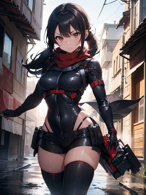 (Female Ninja Cruel Mech: 1.3, Full Body Covered Mech, Heavy AWP on Back, DSLR, Light Tracing, 3D, Concept Art, Action Painting, Film Lighting, Chiaroscuro) :(1.3). Highlighting the curve of the chest, the long white ponytail hair looks graceful and attrac...