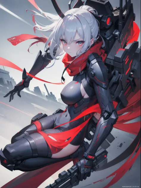 (Female Ninja Cruel Mech: 1.3, Full Body Covered Mech, Heavy AWP on Back, DSLR, Light Tracing, 3D, Concept Art, Action Painting, Film Lighting, Chiaroscuro) :(1.3). Highlighting the curve of the chest, the long white ponytail hair looks graceful and attrac...