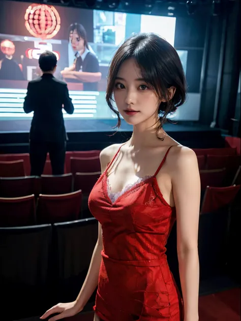 Spotlights on stage、Actress wearing a full lace dress、top-quality、hyper HD、奈良美智, Japanese Models, Beautiful Japanese wife with short hair, 27-year-old female model, 4 k ], 4K], 27yo, sakimichan, sakimichan