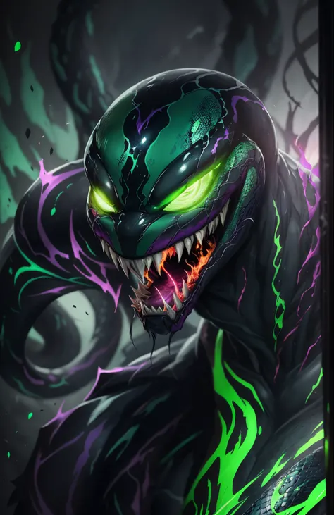 snake glowing green eyes, purple venom, skin on fire --auto --s2