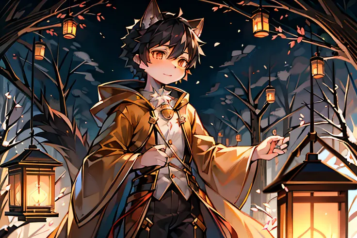 A black-haired wolf，Orange pupils，wind coat，围巾，Carrying a lantern in his hand，Push aside the branches with your hands，shota，lovely boy，confident looking，gentleness，at a forest，Pear blossom tree，falling flower petals，Yuki，White petals