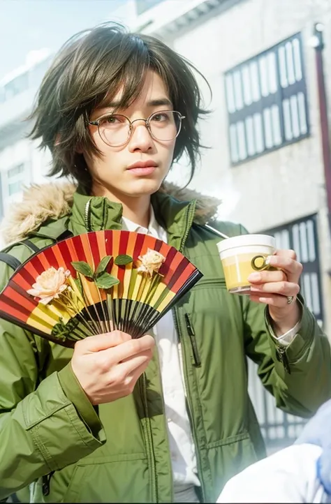 a man holding a fan and a cup, green jacket, glassees