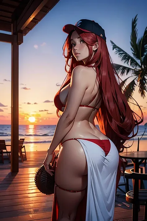 Gorgeous sexy woman at the beachhouse patio with long flowing red hair, a bikini under a bathrobe, curvy body with wide hips, snug expression, athletic fit body, beautiful perfect European face, sunset in summer, bonfire, 8k masterpiece RAW photo, raytraci...