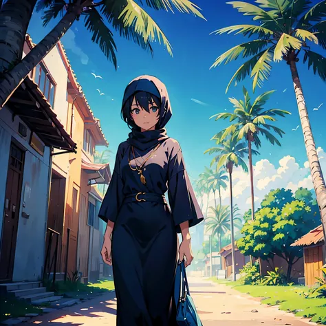 Young Malay girl, Muslim, wearing hijab, hair cover in hijab, in a village, palm tree, blue sky, Makoto shinkai art style, bokeh, 8k, hi res, masterpiece