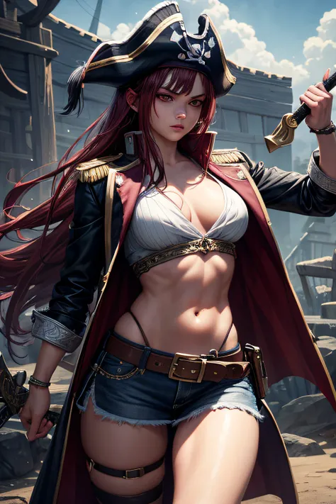 young girl, pirate captain, evil look, ripped clothes,combat stance, wielding a sword,  long pirate coat, pirate hat, highly detailed, vibrant appearance, creative behavior, extremly detailed, imaginative, sensual, spontaneous, highest quality, skin textur...