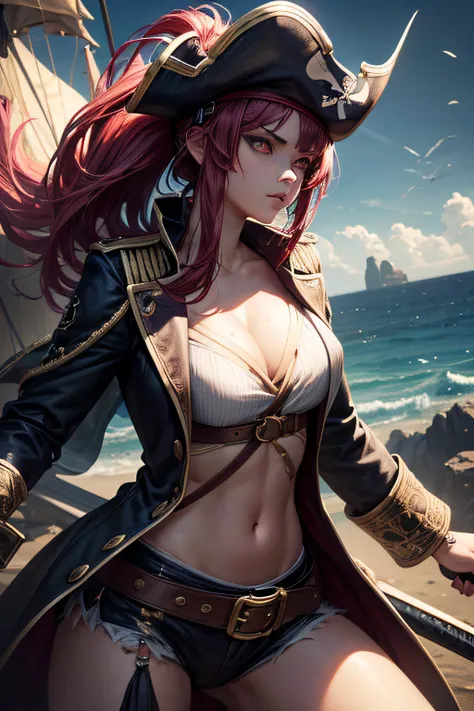 young girl, pirate captain, evil look, ripped clothes,combat stance, wielding a sword,  long pirate coat, pirate hat, highly detailed, vibrant appearance, creative behavior, extremly detailed, imaginative, sensual, spontaneous, highest quality, skin textur...