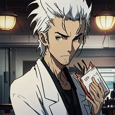 Generate diverse images of Hiroshi Suzuki, a brilliant and eccentric scientist with a personality reminiscent of Rintaro Okabe from Steins;Gate,Reflective and introspective, facing personal challenges or contemplating consequences, ((white hair)),((only on...