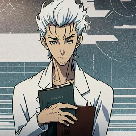 Generate diverse images of Hiroshi Suzuki, a brilliant and eccentric scientist with a personality reminiscent of Rintaro Okabe from Steins;Gate,Reflective and introspective, facing personal challenges or contemplating consequences, ((white hair)),((only on...