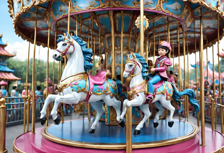 (beautiful children ride carousel in chinese cloisonné theme park），（cute girls and boys）dreamland dreamland，ultra-realistic real...