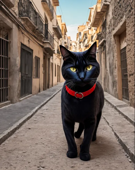 un gato totalmente negro, gigante, caminando por la ciudad, vista desde abajo, staring at the camera, ojos verdes claro, collar rojo, altamente detallado, maxima calidad, 8k, --auto --s2